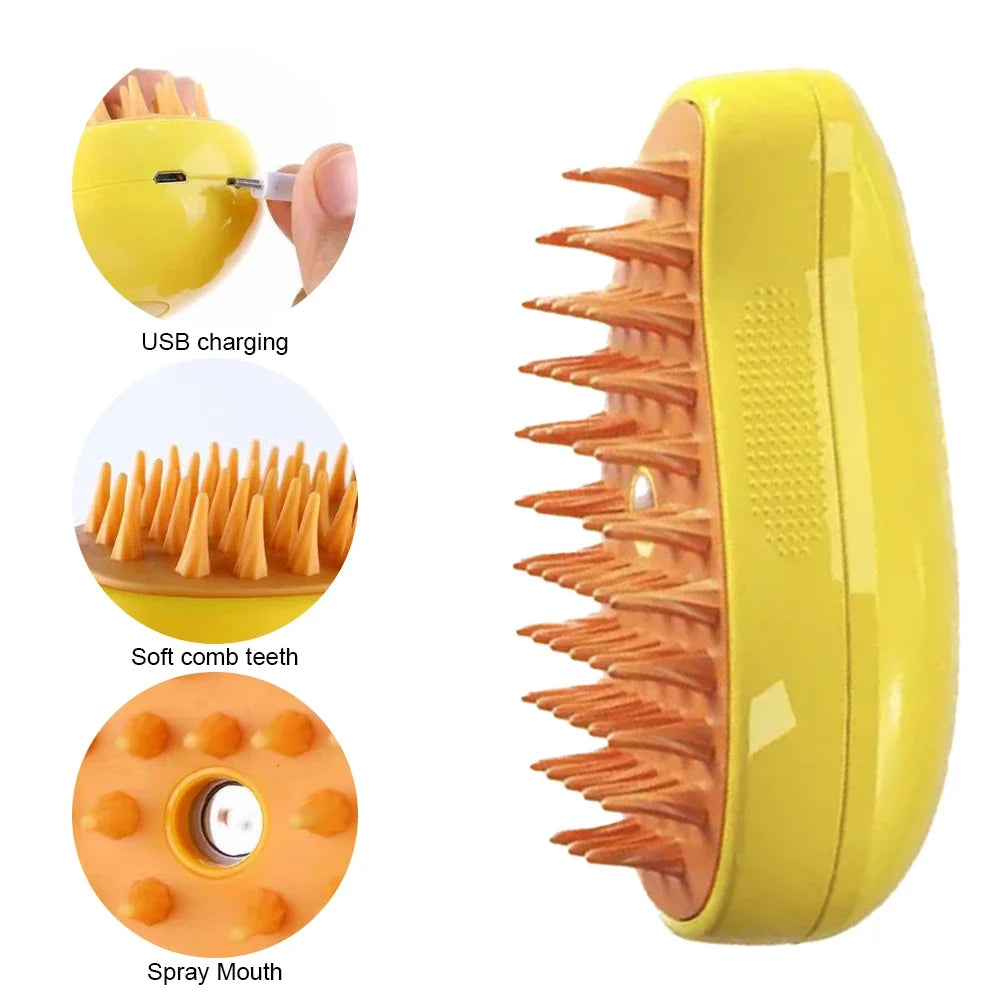 3-in-1 Steam Brush: Foldable, Rotatable Pet Hair Removal & Massage Tool.