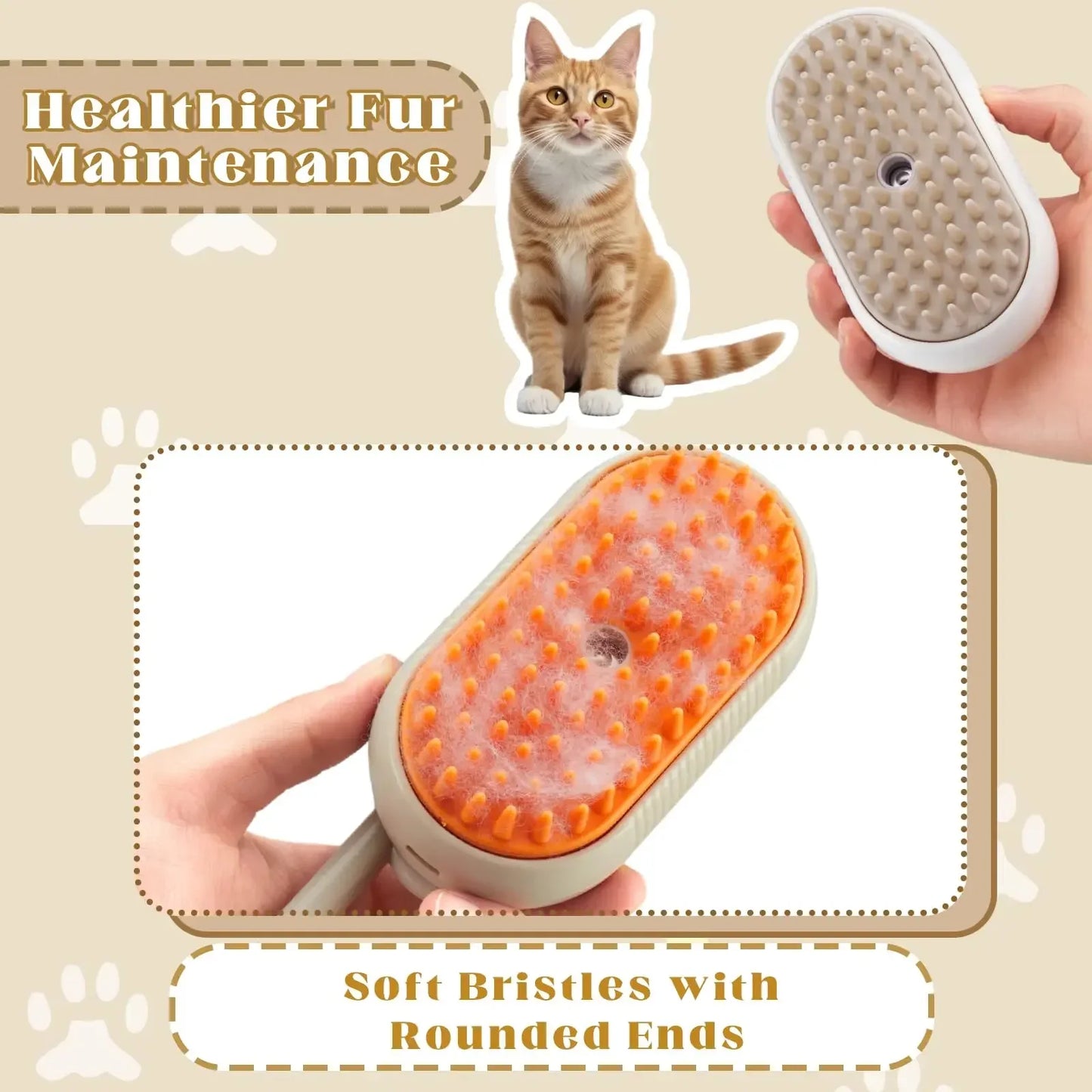 3-in-1 Steam Brush: Foldable, Rotatable Pet Hair Removal & Massage Tool.