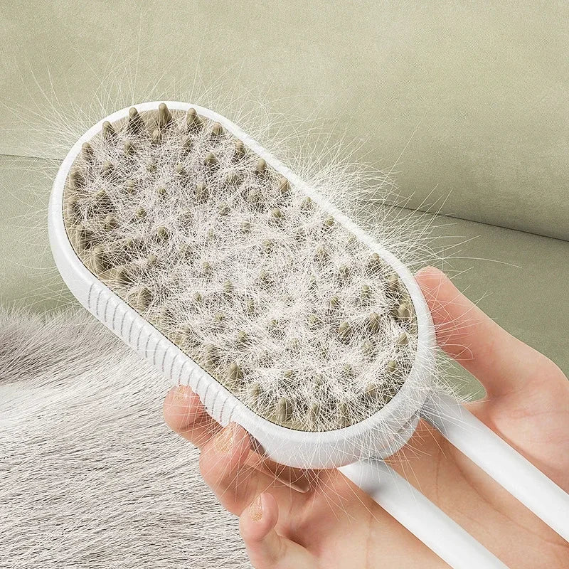 3-in-1 Steam Brush: Foldable, Rotatable Pet Hair Removal & Massage Tool.