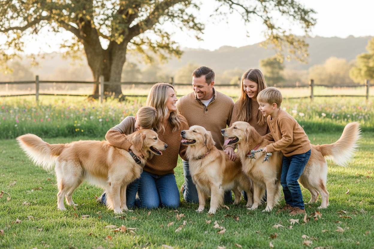 imagem de uma familia com cachorros